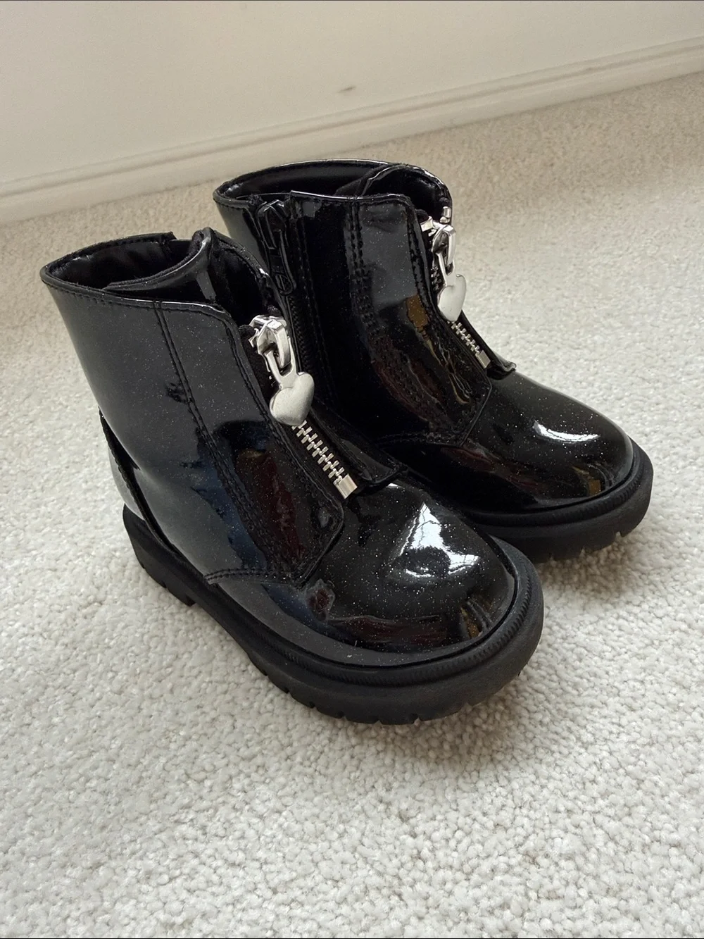 Cat & Jack Black Patent Glitter Front-Zip Boots
